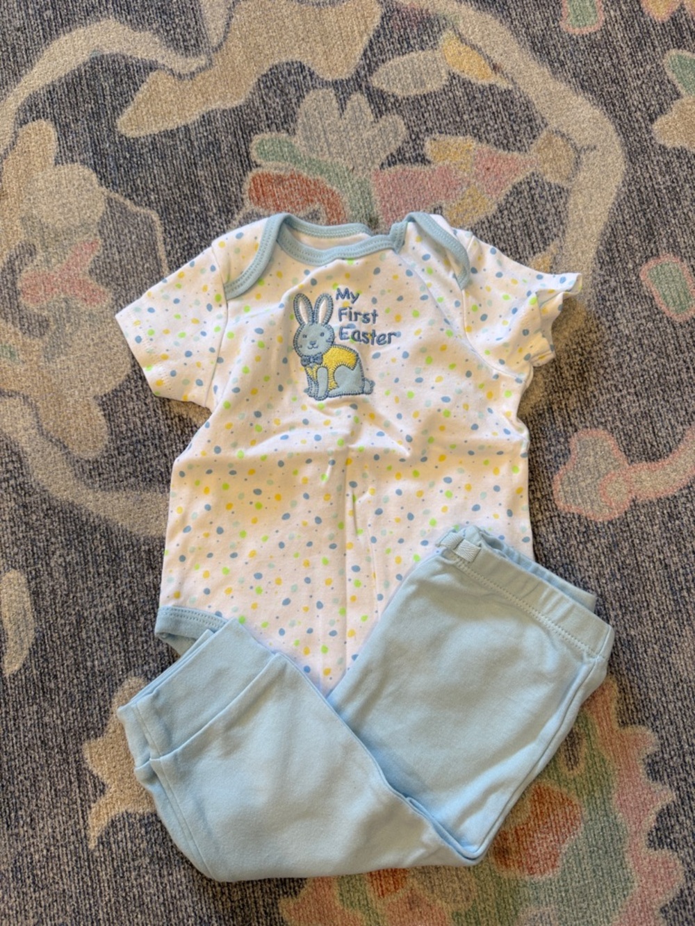 Little Me White Polka Dot 'My First Easter' Bodysuit with Light Blue Pants